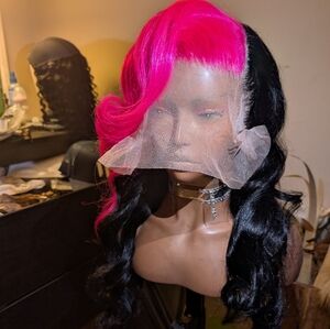30 IN HUMAN HAIR HOT PINK AND BLACK LACE FRONTAL WIG